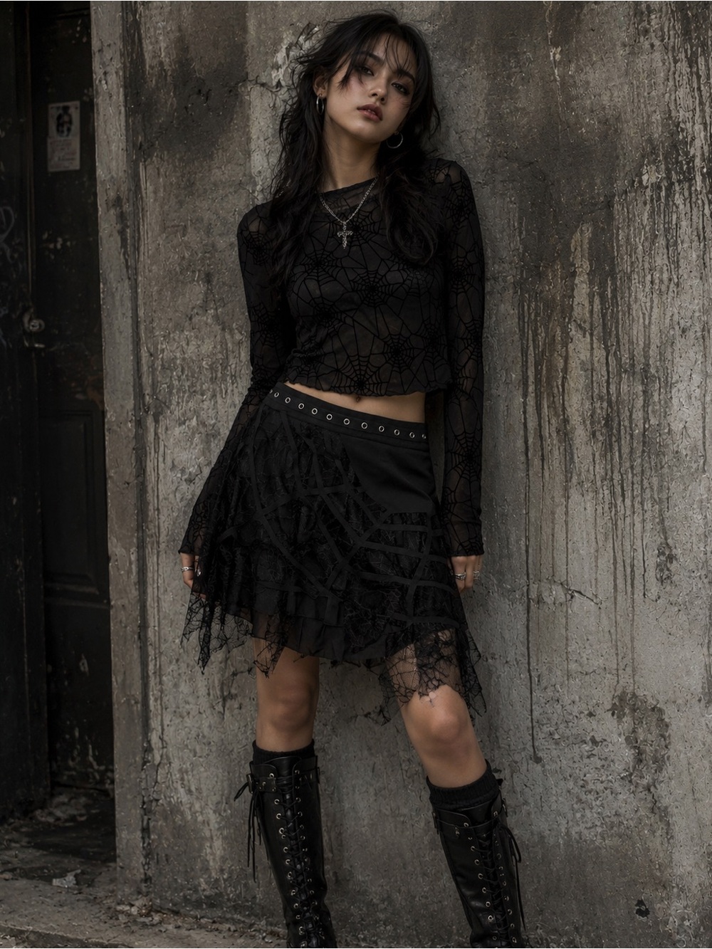 Black Lace Layered A-Line Skirt - Women's Gothic Style